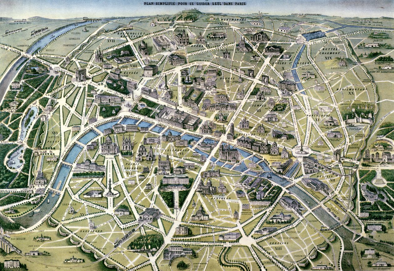 Kart over Paris i perioden med "Grands Travaux" av baron Georges Haussmann (1809-91) 1864 av Hilaire Guesnu
