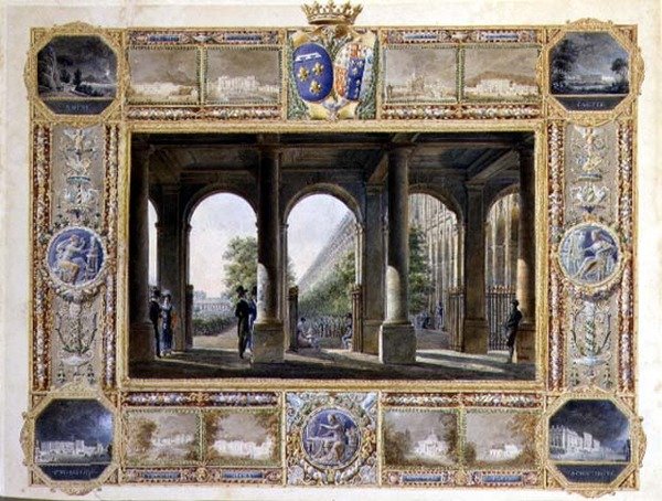Palais Royal, Paris, omgitt av vignetter fra barndomsboligene til Charles Ferdinand, hertugen de Berry (1778-1820) og hans kone Maria Caroline av Bourbon (akvarell på papir) av Hilaire Thierry