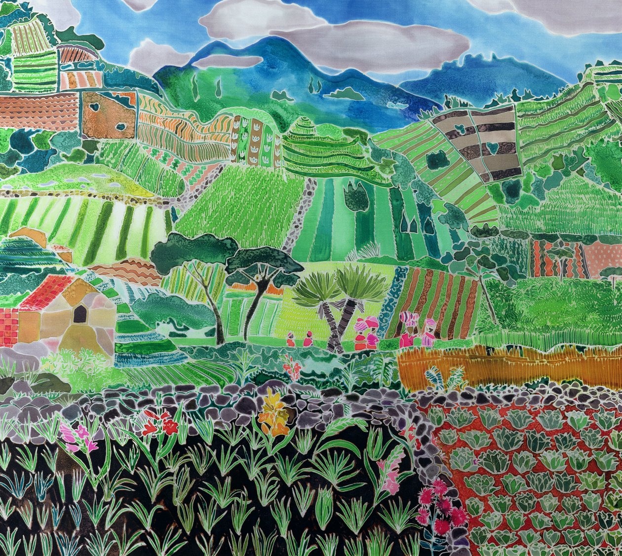 Kål og liljer, Solola-regionen, Guatemala, 1993 (farget blekk på silke) av Hilary Simon
