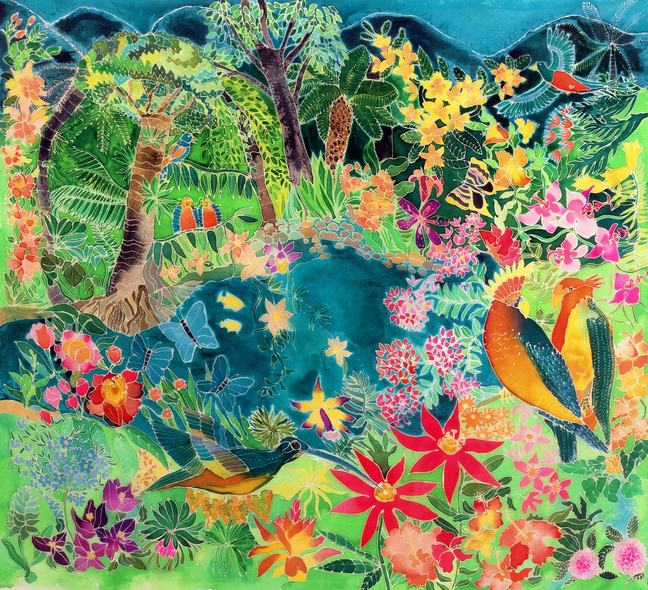 Caribbean Jungle, 1993 (farget blekk på silke) av Hilary Simon
