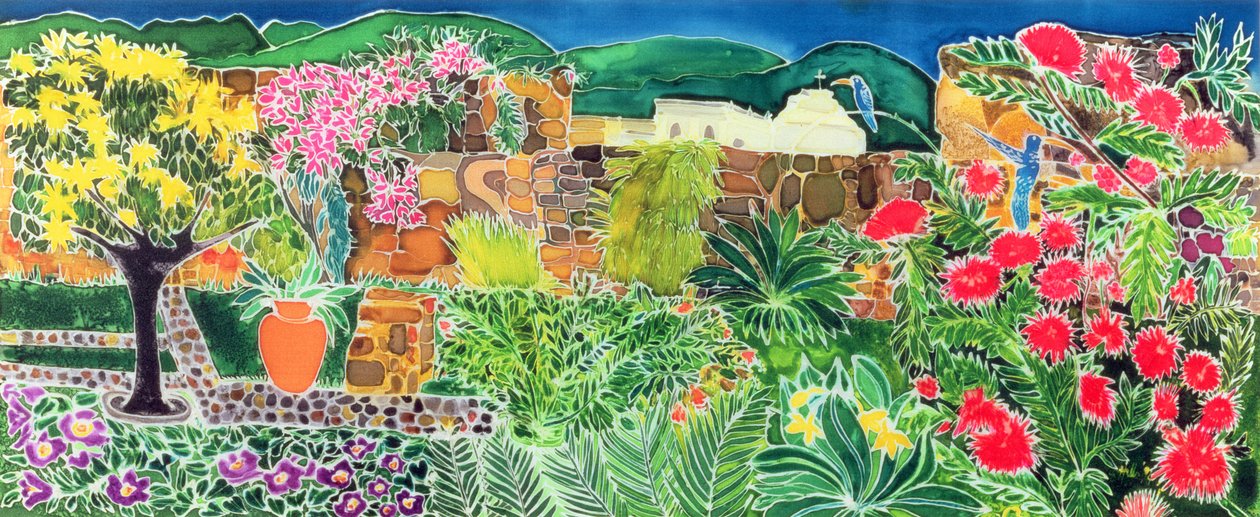 Convent Gardens, Antigua, 1993 (farget blekk på silke) av Hilary Simon