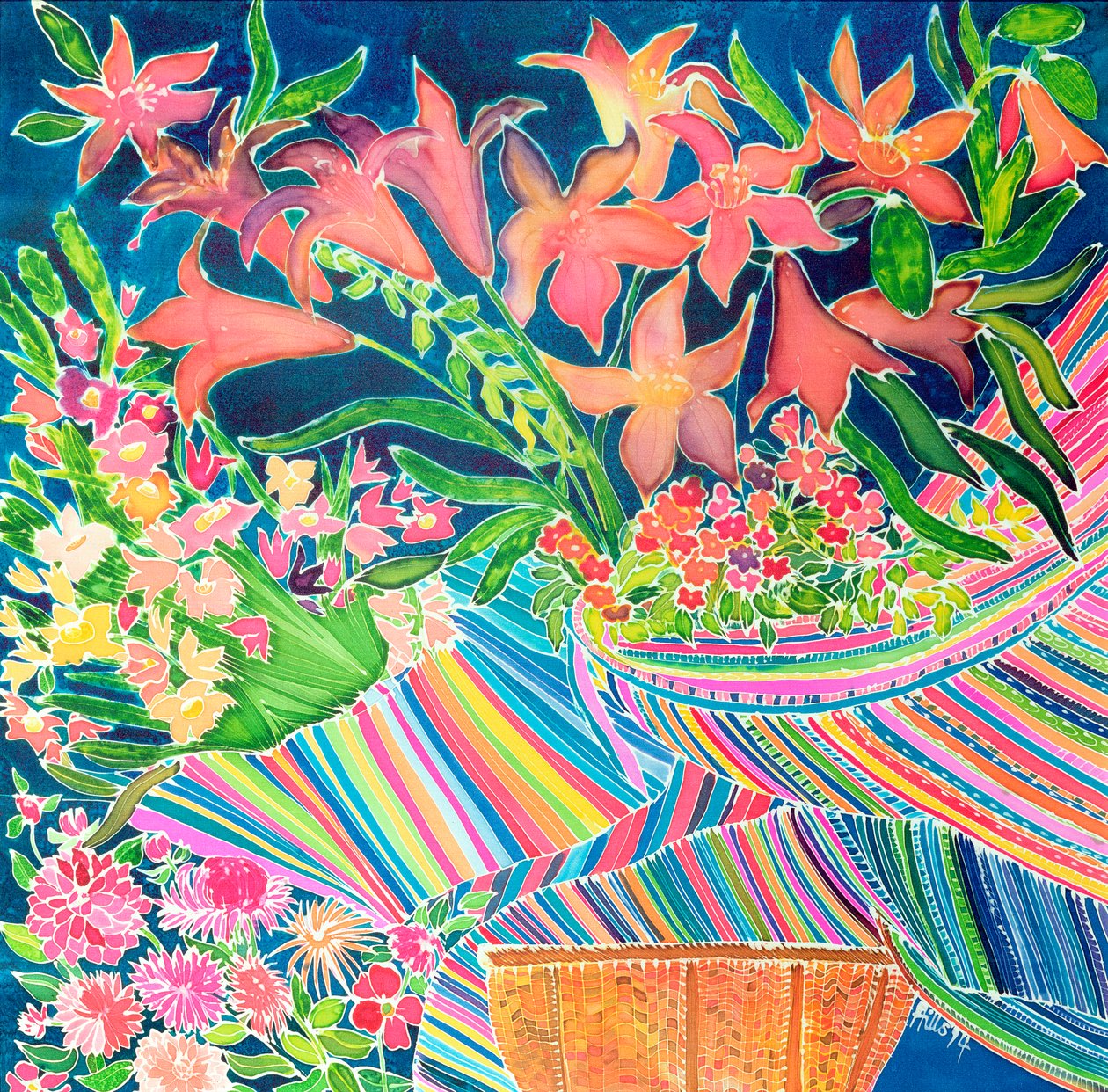 Guatemalanske liljer, Absolutely Fabulous Set, 1994 (farget blekk på silke) av Hilary Simon