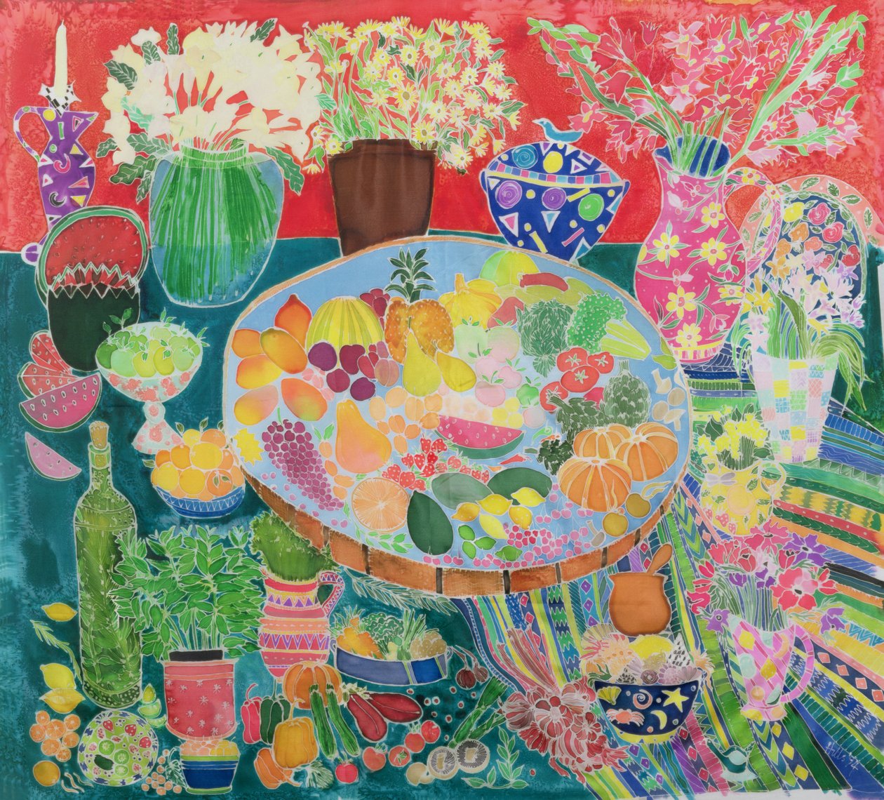Guatemalansk bord, 1995 (farget blekk på silke) av Hilary Simon