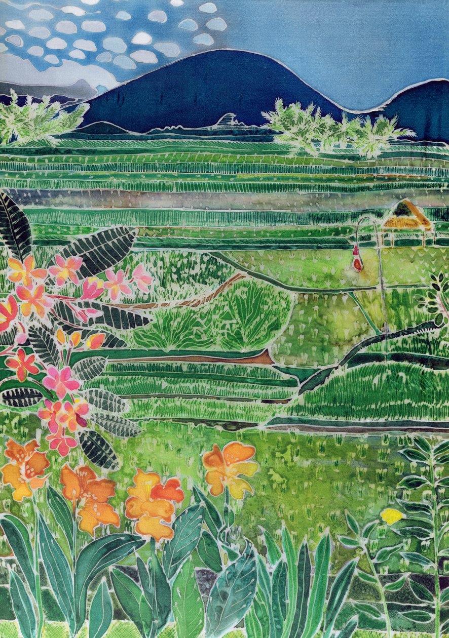 Lovina Ricefields with Lilies and Frangipani, Bali, 1996 (farget blekk på silke) av Hilary Simon