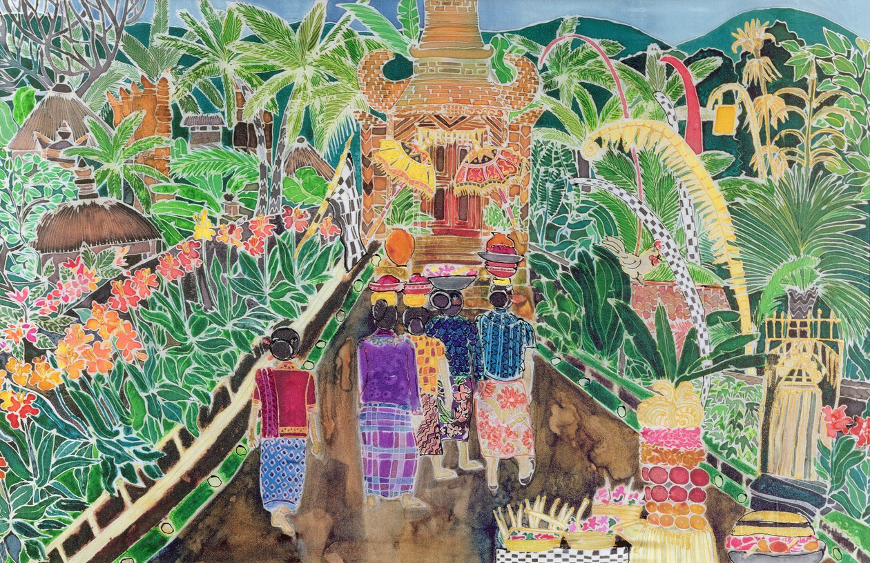 Procession, Peliatan, Bali, 1996 (farget blekk på silke) av Hilary Simon