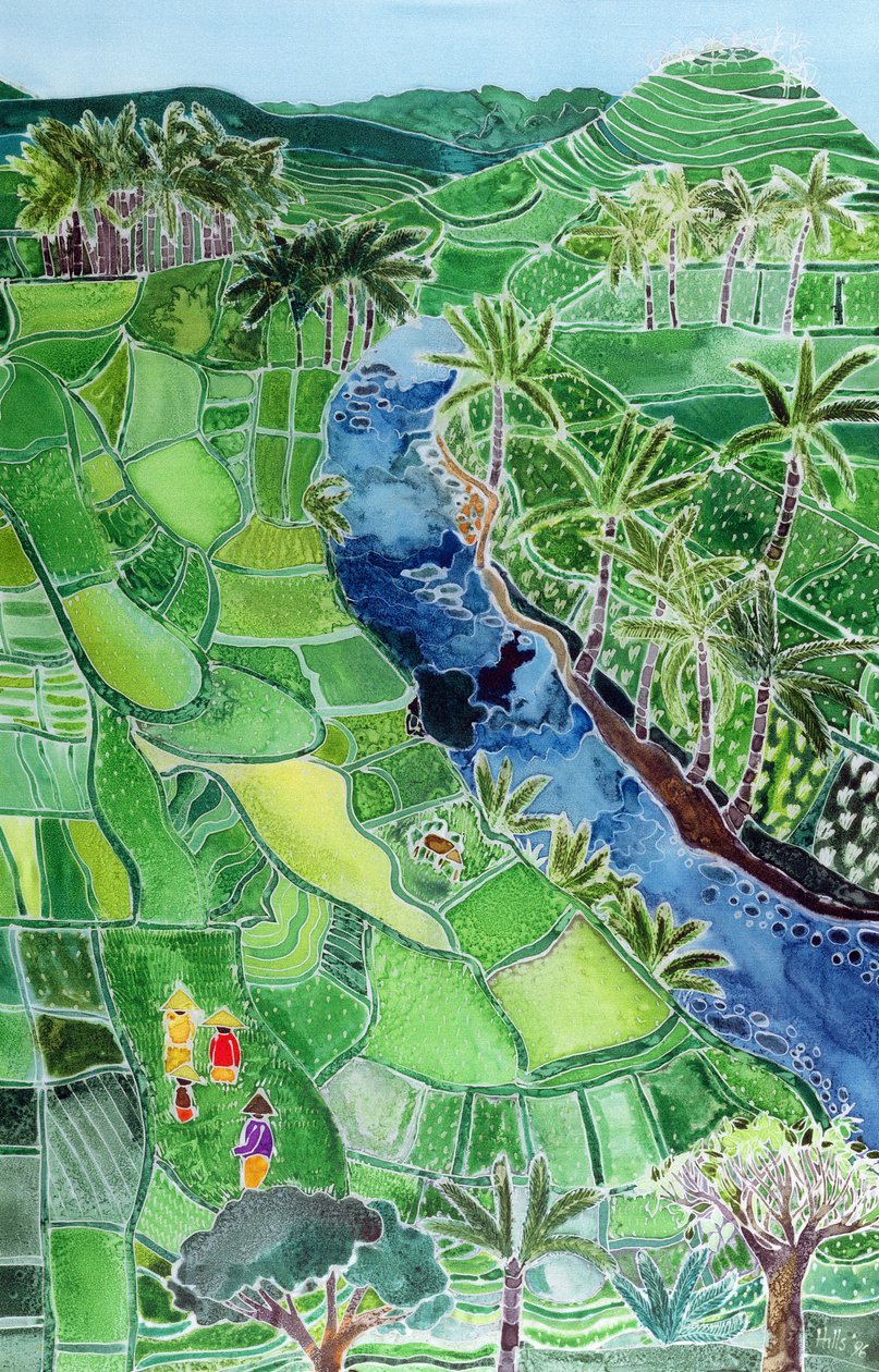 River Agung, Bali, 1996 (farget blekk på silke) av Hilary Simon