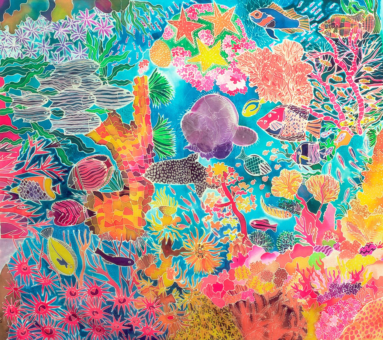 Tropical Coral, 1993 (farget blekk på silke) av Hilary Simon