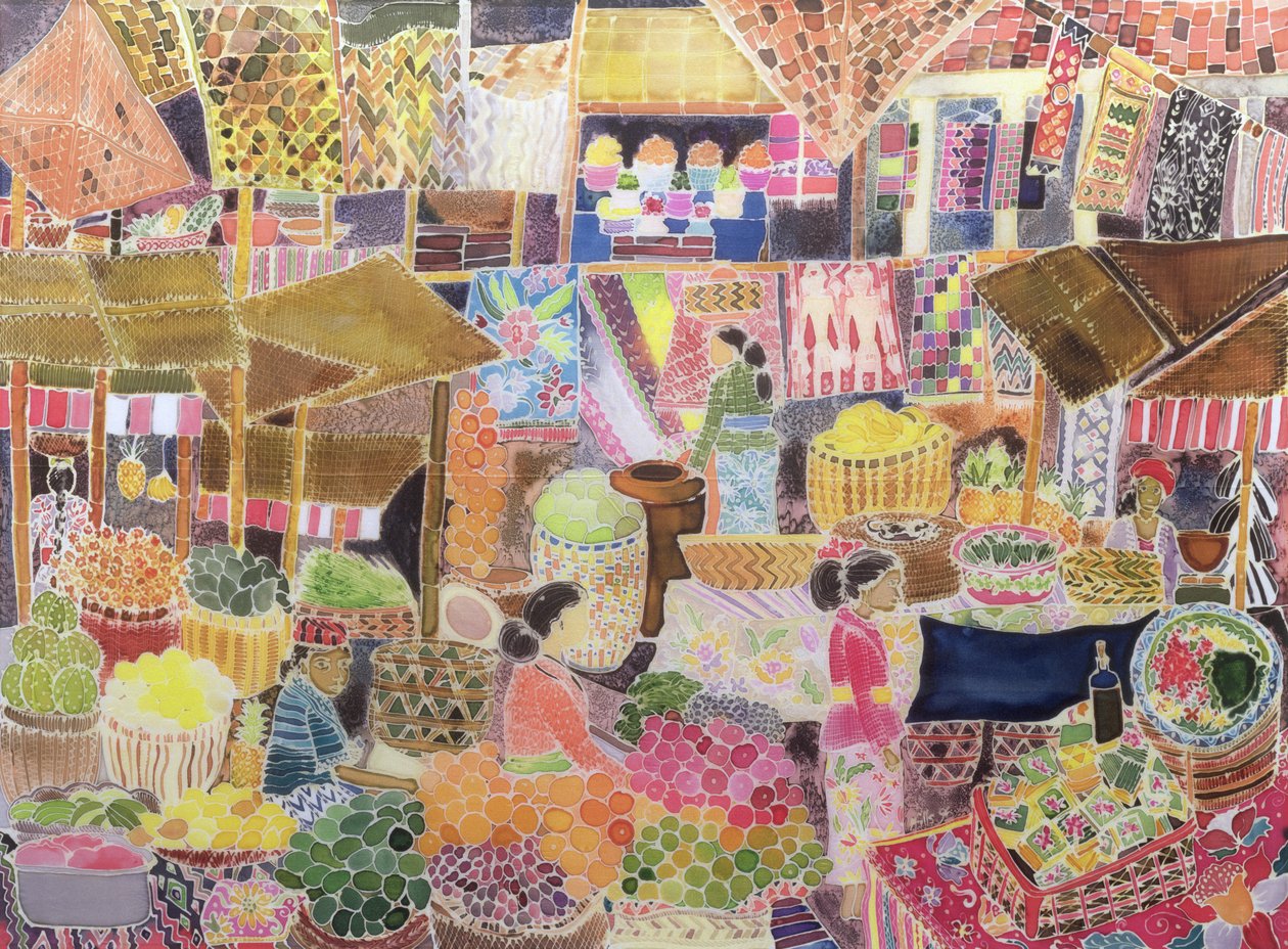 Ubud Market, Bali, 2002 (farget blekk på silke) av Hilary Simon