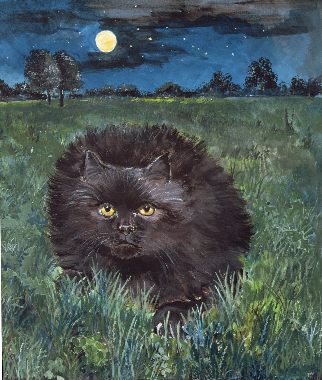 Katten og månen (akryl på papir) av Hilary Jones