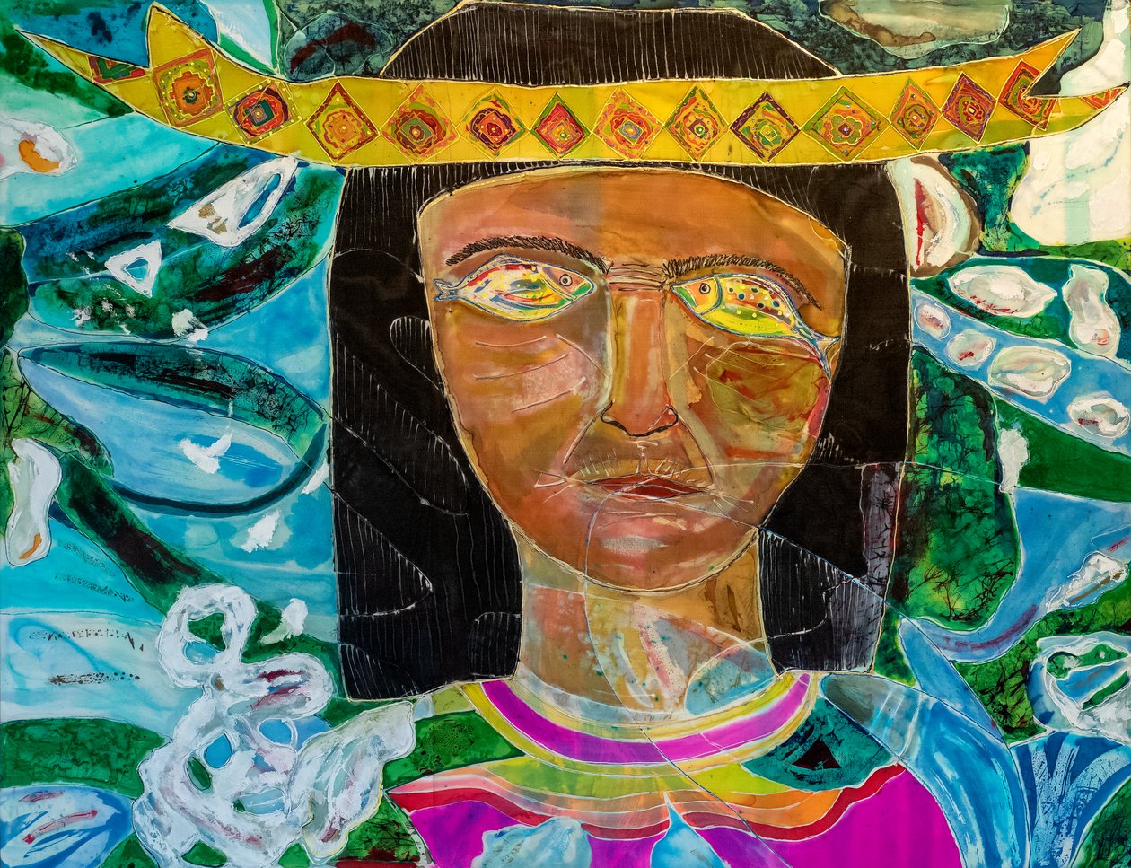 Amazonas-Shaman Olivia Arevalo, 2022 (farge og maling på silke) av Hilary Simon