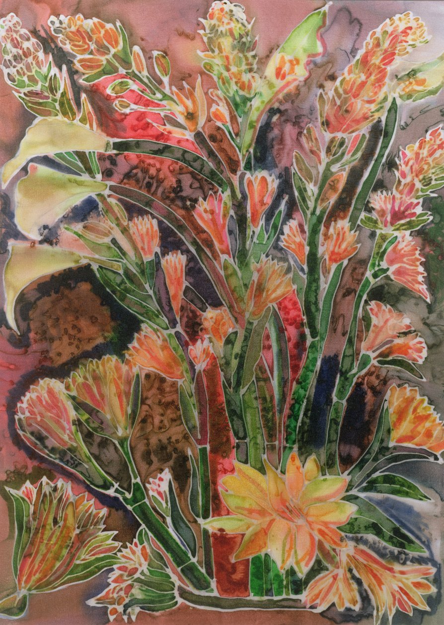 Calla Lillies med knollroser (farget blekk på silke) av Hilary Simon