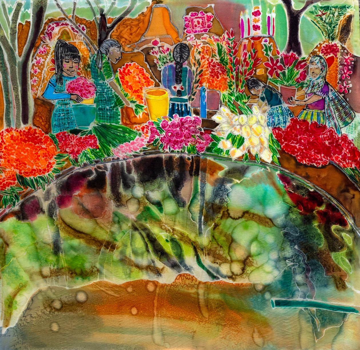 Dressing the graves, Day of the Dead, Oaxaca, 2023 (farger på silke) av Hilary Simon