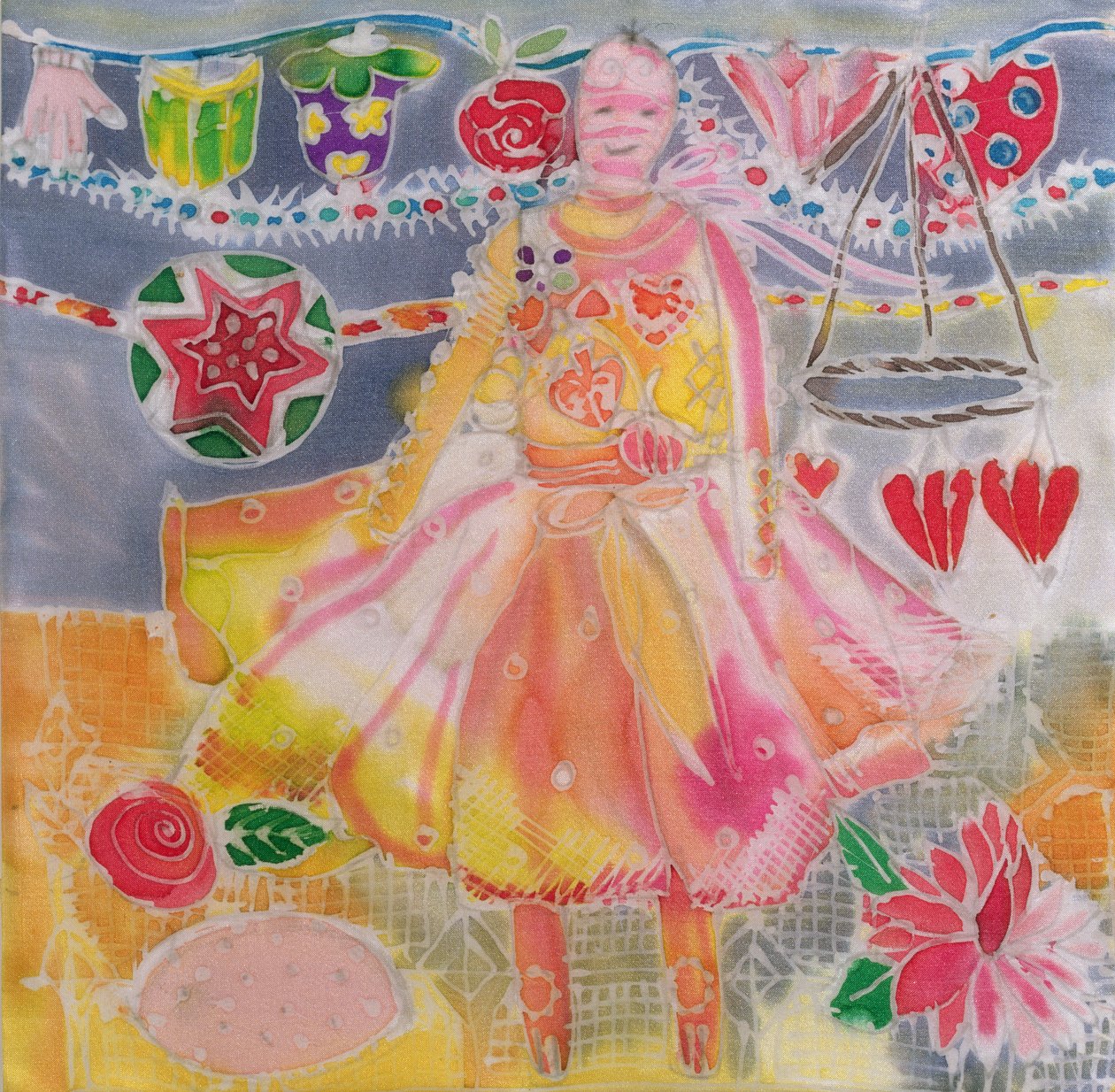 Fe med hjerter og blomster, 2006 (farger på silke) av Hilary Simon