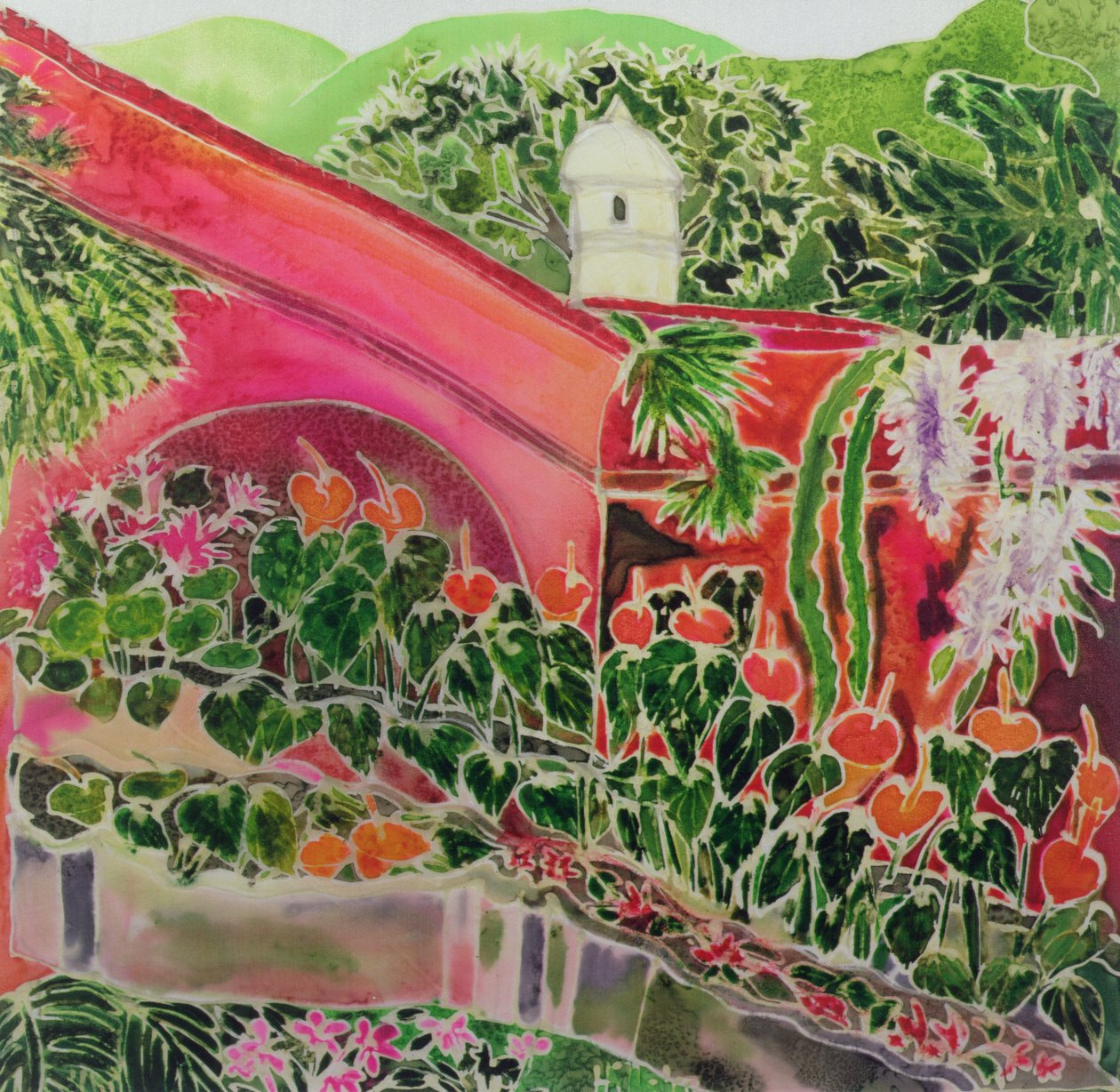 In Our Garden, Antigua (farget blekk på silke) av Hilary Simon