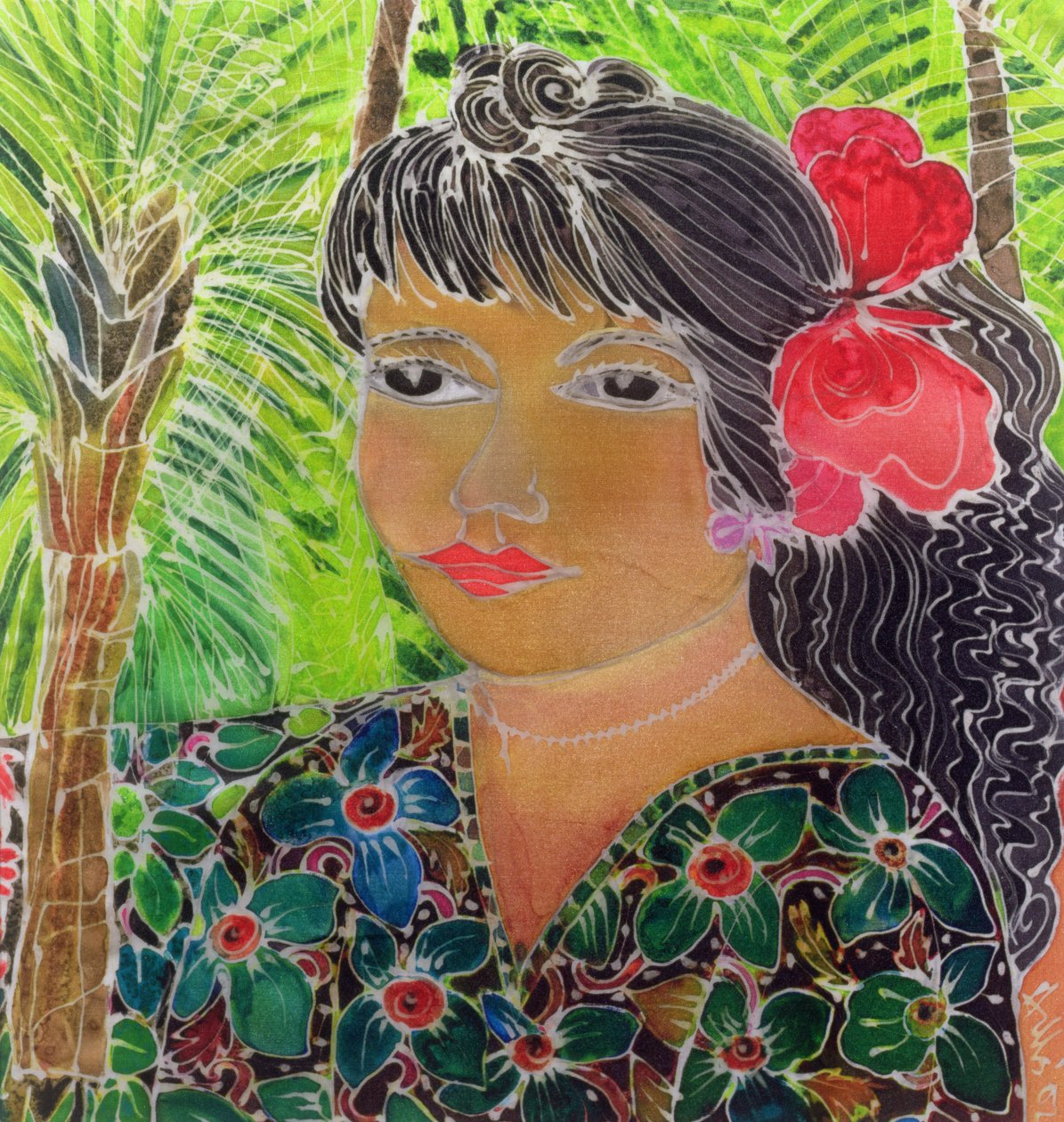 Dame med Hibiscus (farget blekk på silke) av Hilary Simon