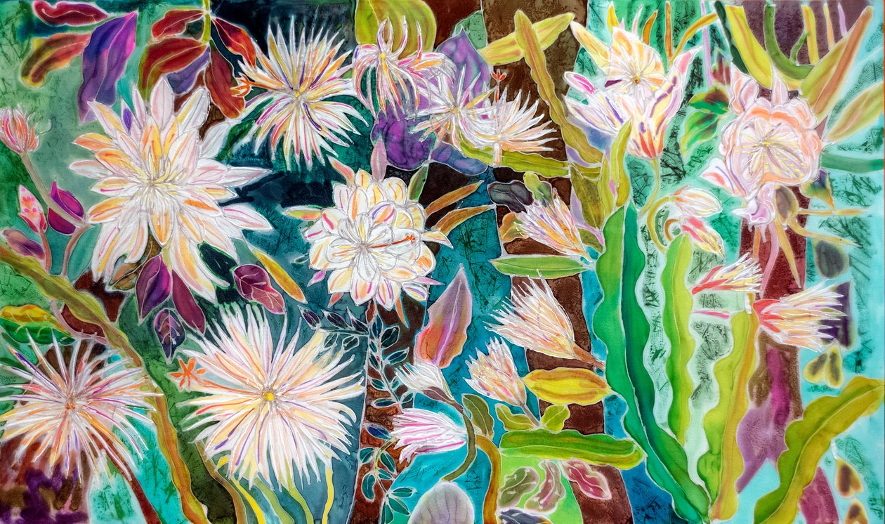 Night Flower Moonflower, Peru, 2022 (farge og maling på silke) av Hilary Simon
