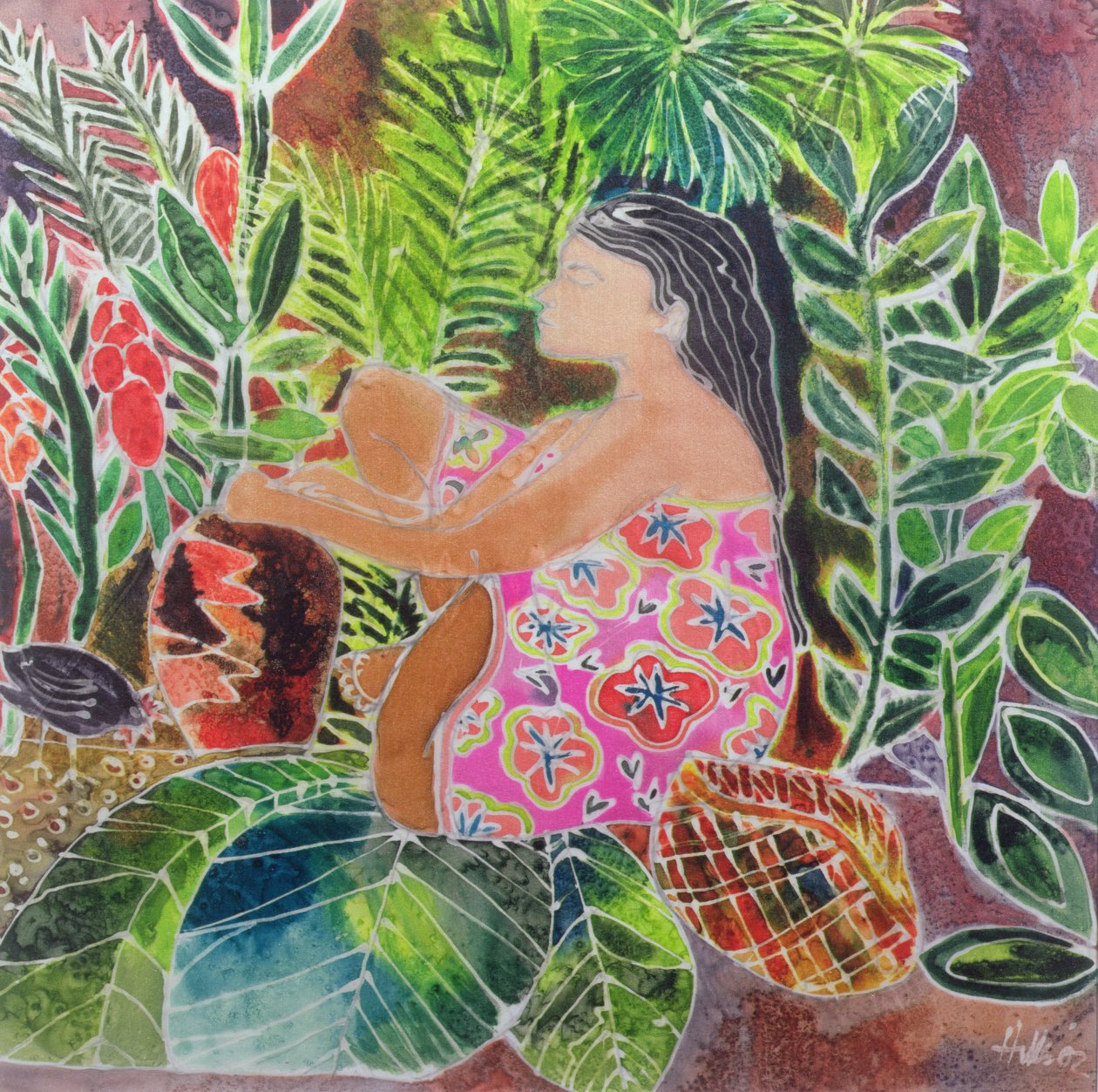 Potter in the Tropics (farget blekk på silke) av Hilary Simon