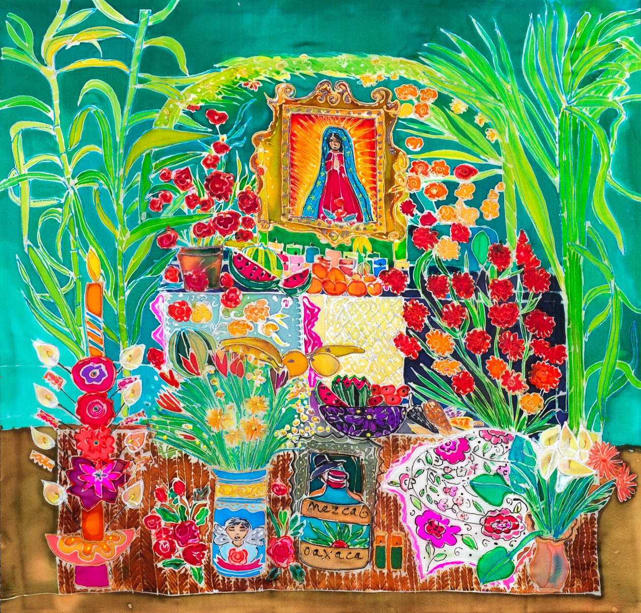 Shrine, Day of the Dead, Oaxaca, 2023 (fargestoffer på silke) av Hilary Simon