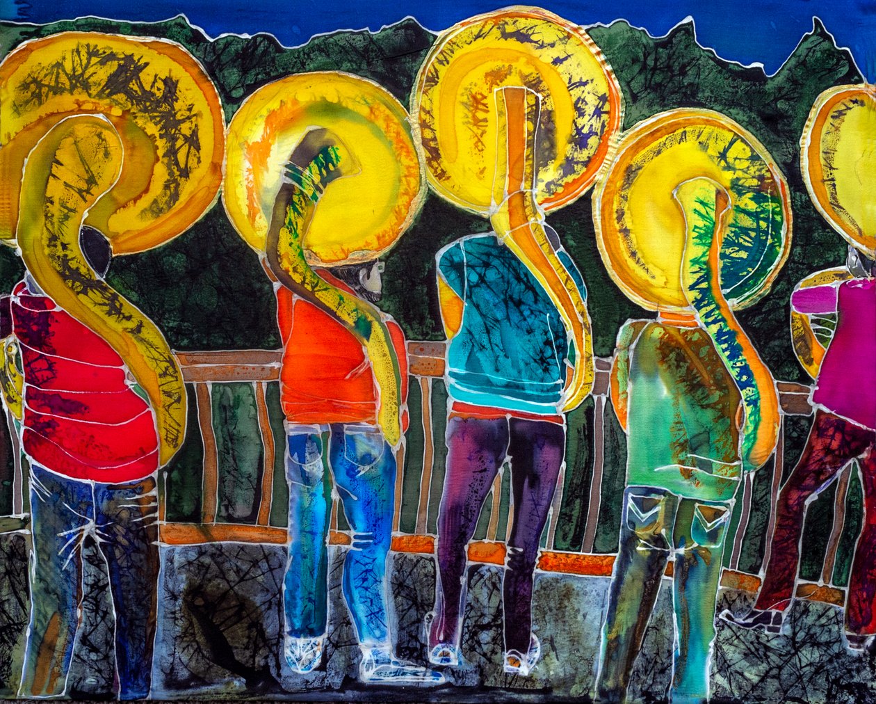Sousaphones, Day of the Dead, Oaxaca, 2023 (fargestoffer på silke) av Hilary Simon