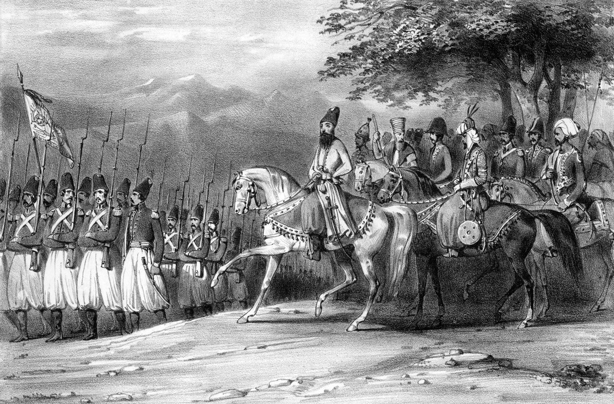 En anmeldelse av Abbas Mirza, soldater, Iran av Hippolyte Bellange