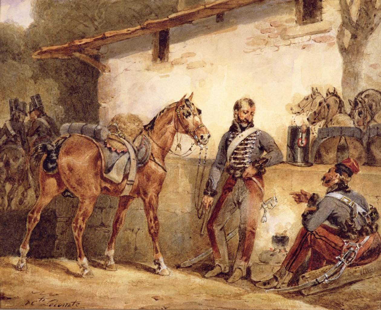 French Soldiers Resting, 1831 (wc und gouache på papir) av Hippolyte Lecomte