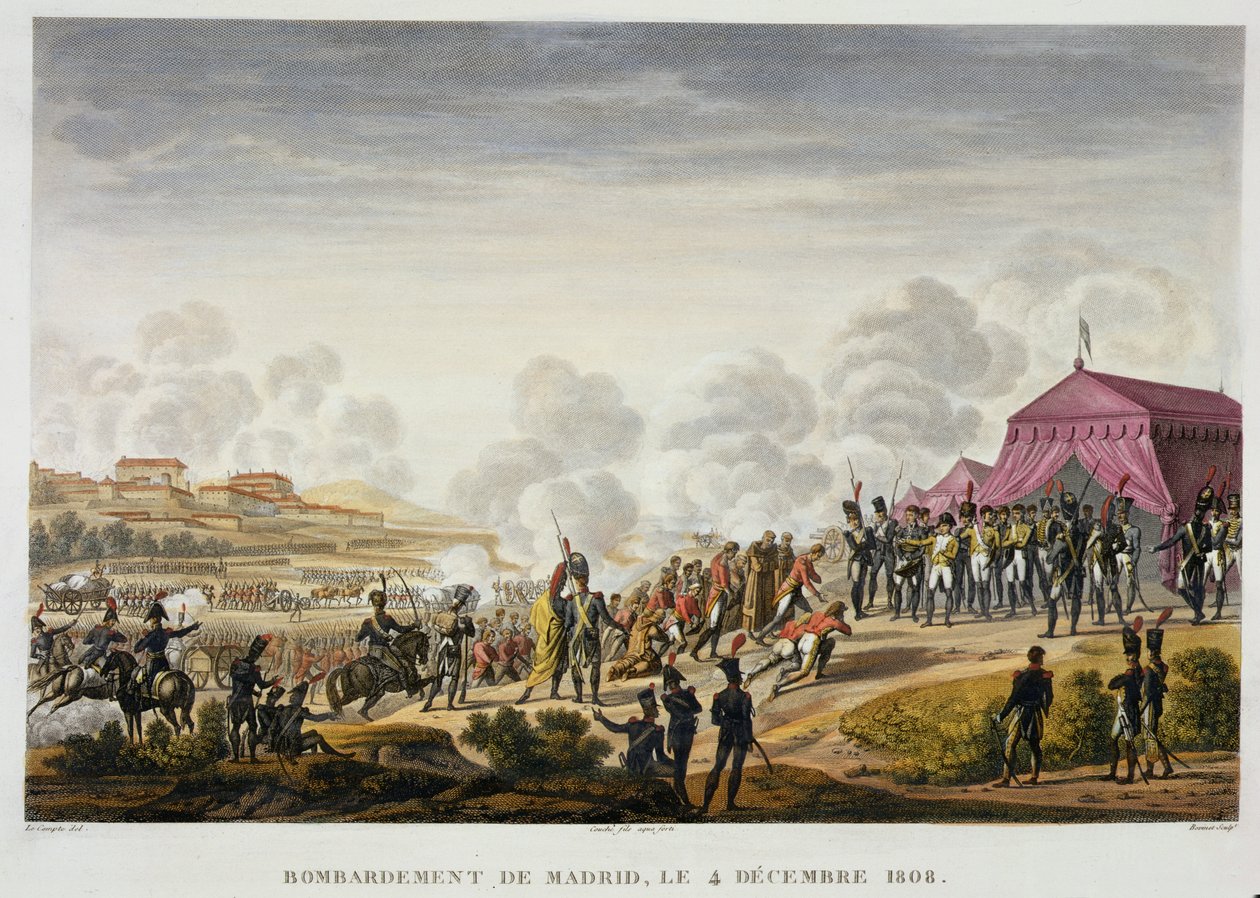 Bombardementet av Madrid, 4. desember 1808, gravert av Edme Bovinet (1782-1832) (akvatint) av Hippolyte Lecomte