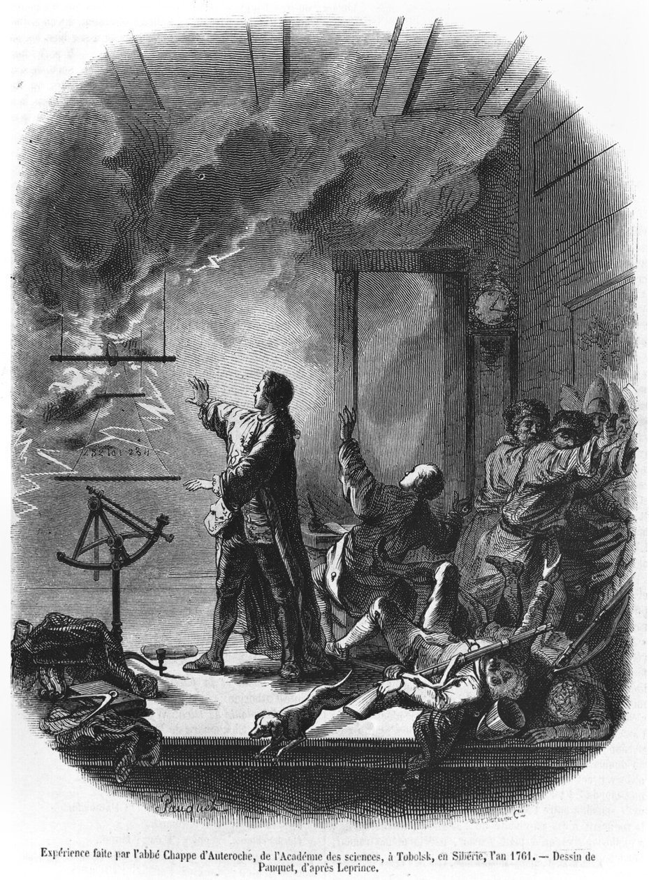 Jean Chappe dAuteroche (1722-69) Eksperimenterer med elektrisitet i 1761, Tobolsk, Sibir, illustrasjon fra Le Magasin Pittoresque, 1855 (bw-foto) av Hippolyte Louis Pauquet