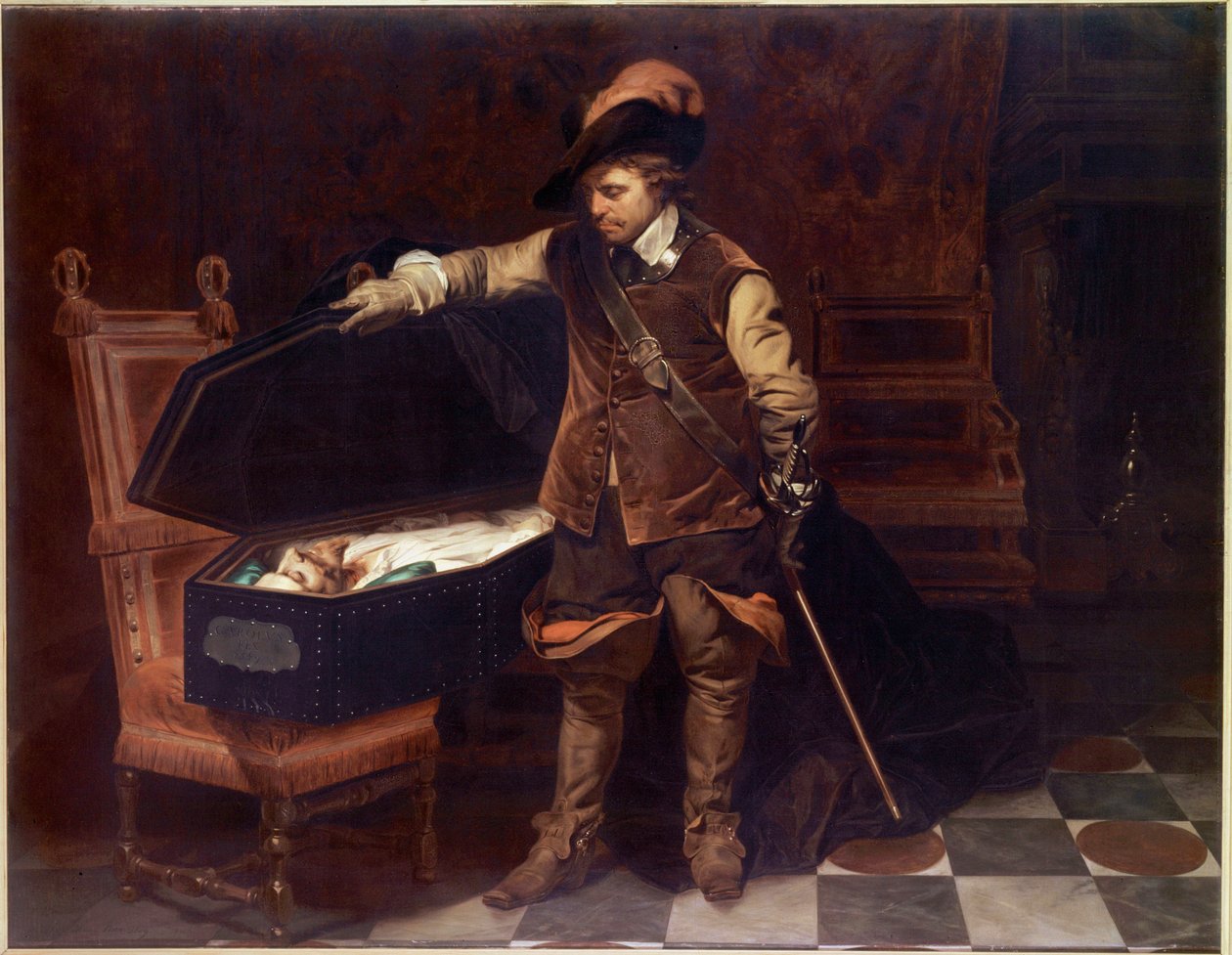 ""Oliver Cromwell før kisten til Charles I Stuart"" (1649). Oliver Cromwell (1599-1658) innleder rettssaken mot kongen av England som vil bli fordømt og halshugget 9. februar 1649. Maleri av Paul Delaroche (1797-1856) av Hippolyte Delaroche