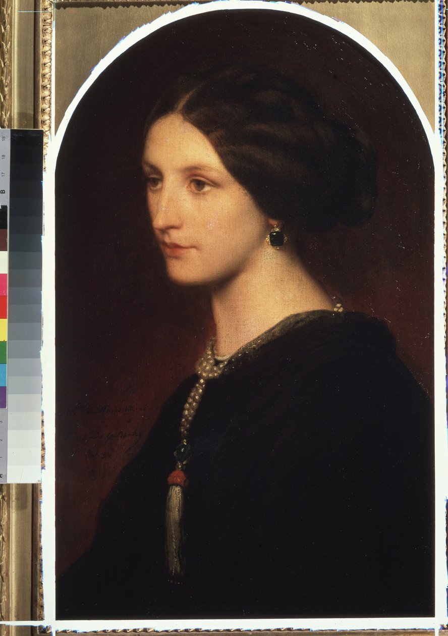 ""Portrett av grevinne Sophie Shuvaloff (Shuvalov eller Shuvalova)"" Portrett av en ung aristokrat, et perlekjede rundt halsen hennes. Maleri av Paul Hippolyte Delaroche (1797-1856) 1853 Moskva, Pushkin Museum of Fine Arts av Hippolyte Delaroche