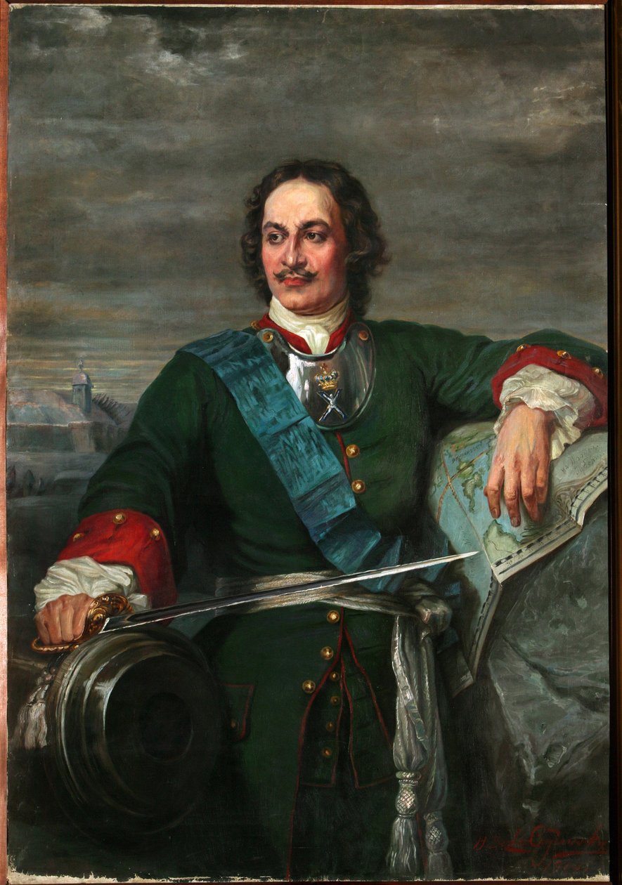 Portrett av Peter I den store (1672-1725) Tsar av Russland - Peter den store (etter Hippolyte Delaroche) - Bezler-Ciszewska, Henryka - 1914 - Olje på lerret - 170x119 - Regionalt I. Kramskoi kunstmuseum, Voronezh av Hippolyte Delaroche