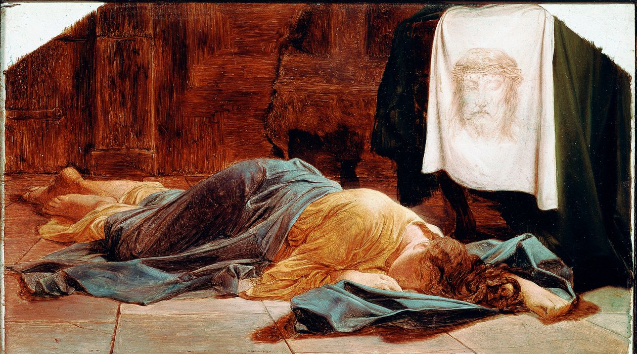 Saint Veronica Den unge kvinnen besvimer nær det hellige likkledet. Det hellige slør representerer ansiktet til Kristus hvis svette Veronique ble sagt å ha vært svett under klatringen til Golgata. Maleri av Paul Delaroche (1797-1856) 1800-tallet Søn. 28x49 av Paul Delaroche