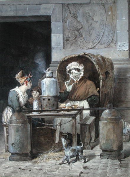 Kaffeselger på hjørnet av Porte Saint-Denis, 1830 (wc på papir) av Hippolyte Adam