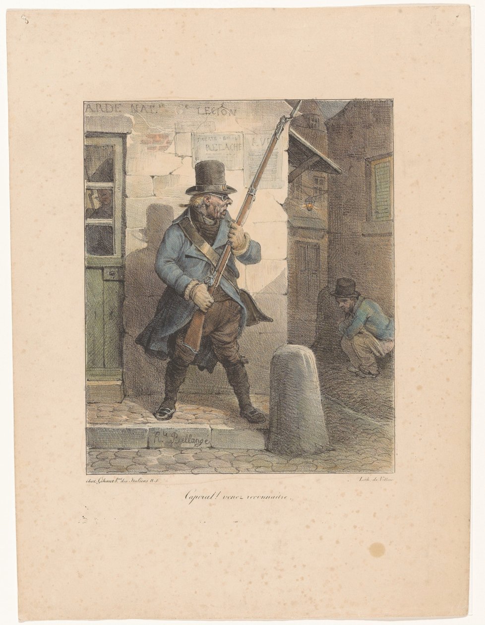 Militære ringer korporal, som gjør forretningene sine på gaten kaporal! Venez reconnaître (tittel på objekt) Litografiske skisser (serietittel) Croquis lithographiques (serietittel) av Hippolyte Bellange