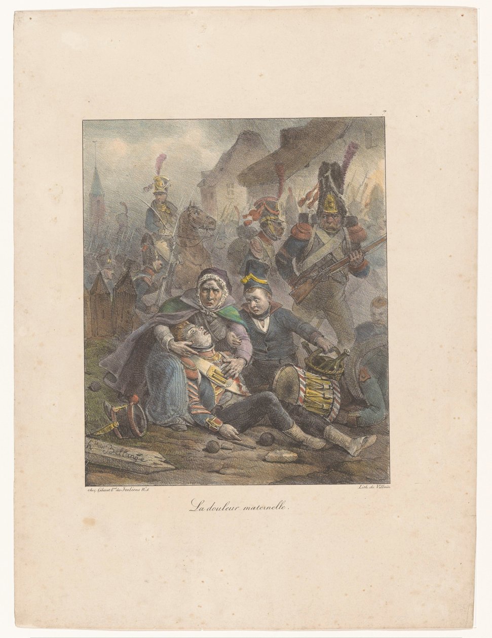 Mor sørger over sin dødelig sårede sønn på slagmarken La douleur maternelle (tittel på objekt) Litografiske skisser (serietittel) Croquis lithographiques (serietittel) av Hippolyte Bellange