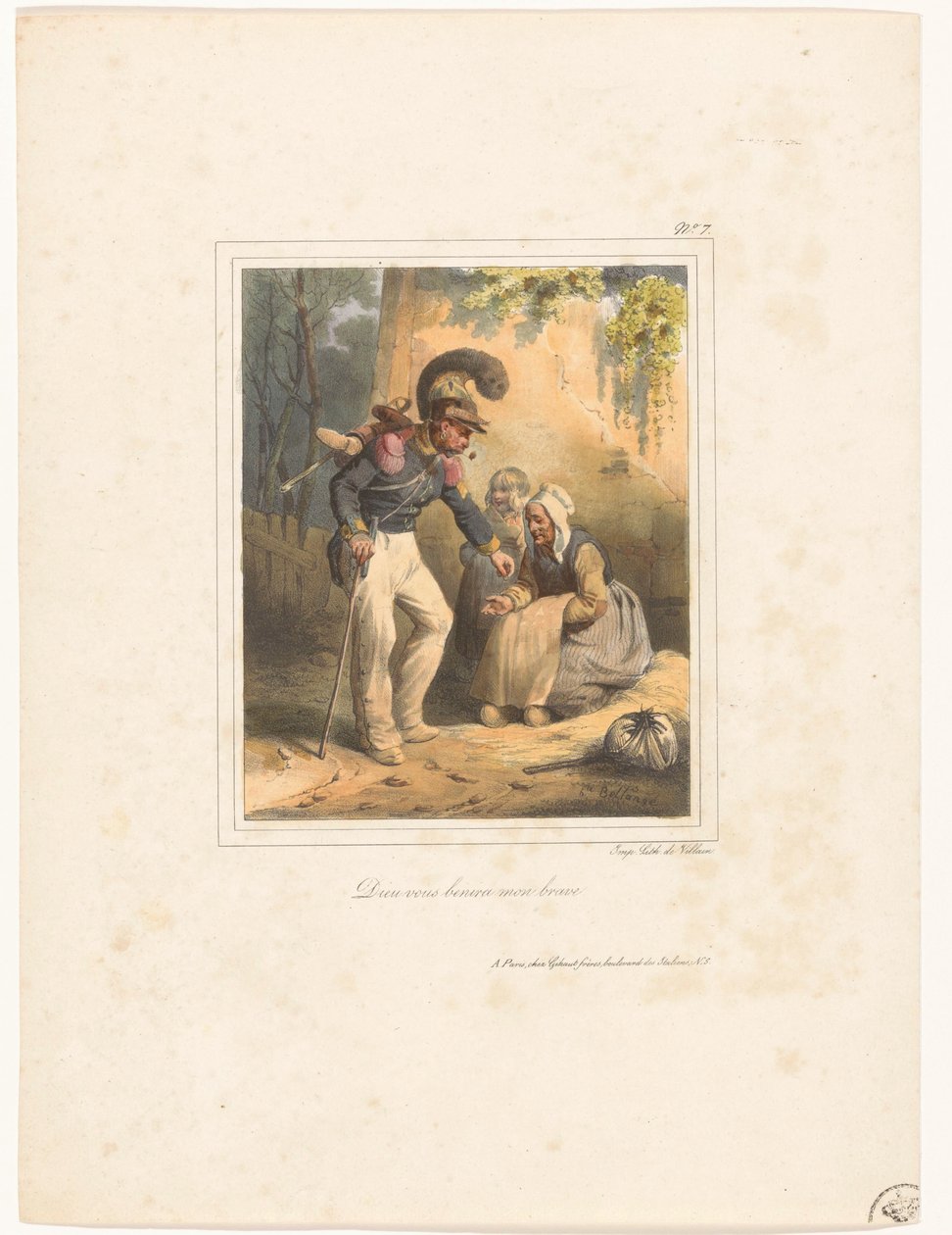 Soldat gir en fattig kvinne litt penger Dieu vous benira mon brave (tittel på objekt) Litografisk album nr. 9 (serietittel) av Hippolyte Bellange