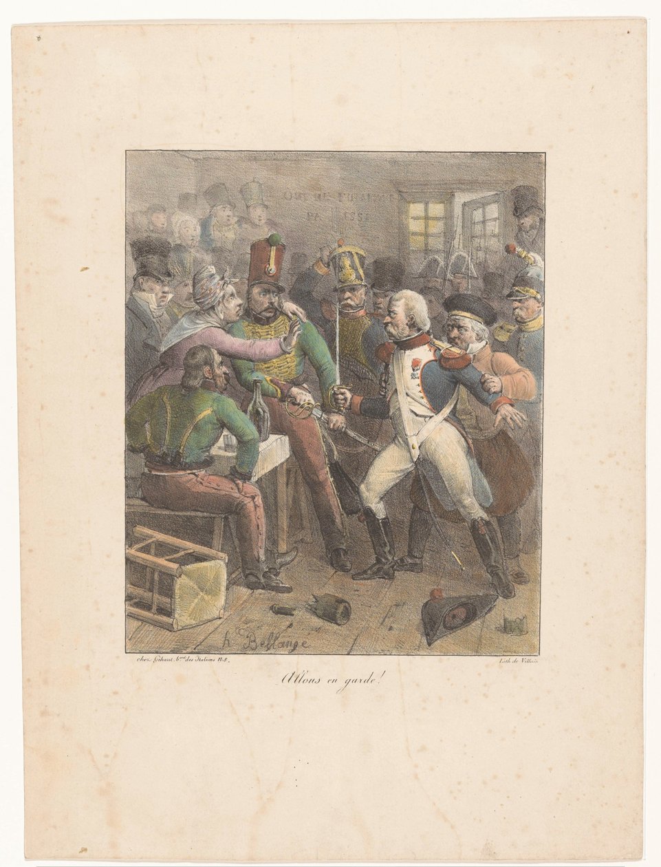 To soldater krysser sverd på en pub Vær på vakt! (tittel på objekt) Litografiske skisser (serietittel) Croquis lithographiques (serietittel) av Hippolyte Bellange
