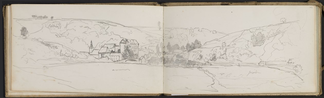 Landsbyutsikt med fargeannotasjoner (sider fra en skissebok) av Hippolyte Boulenger