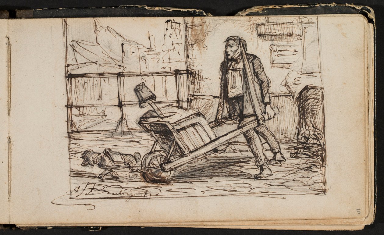 Mann med trillebår og liten hund (side fra en skissebok) av Hippolyte Boulenger