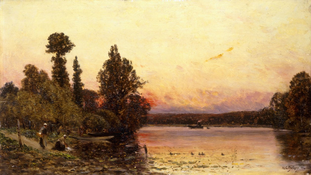 Solnedgang, ved elvekanten, 1904 av Hippolyte Camille Delpy