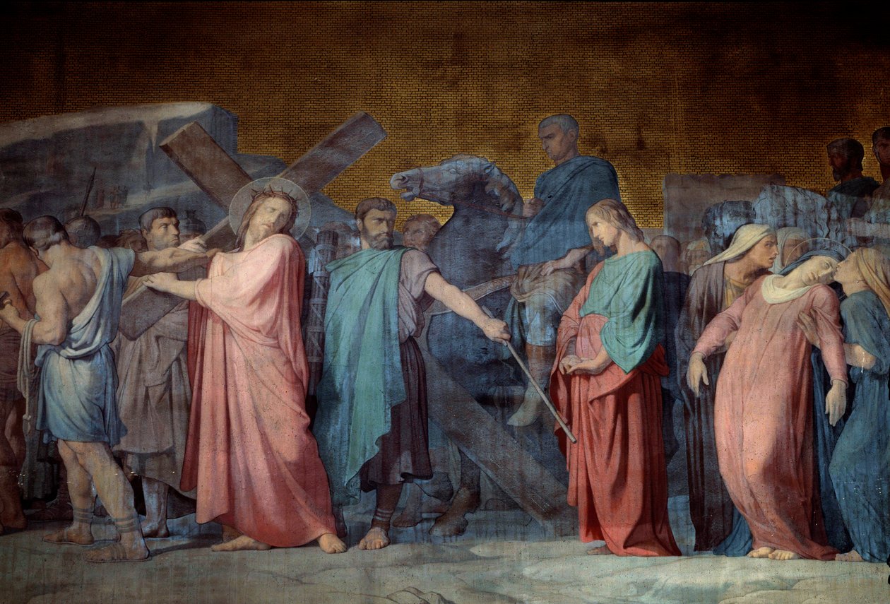 Kristus bærer sitt kors Detalj av en fresco av Hyppolithe Flandrin (1800-1864) Saint Germain des Pres-kirken fra 1800-tallet, Paris av Hippolyte Flandrin