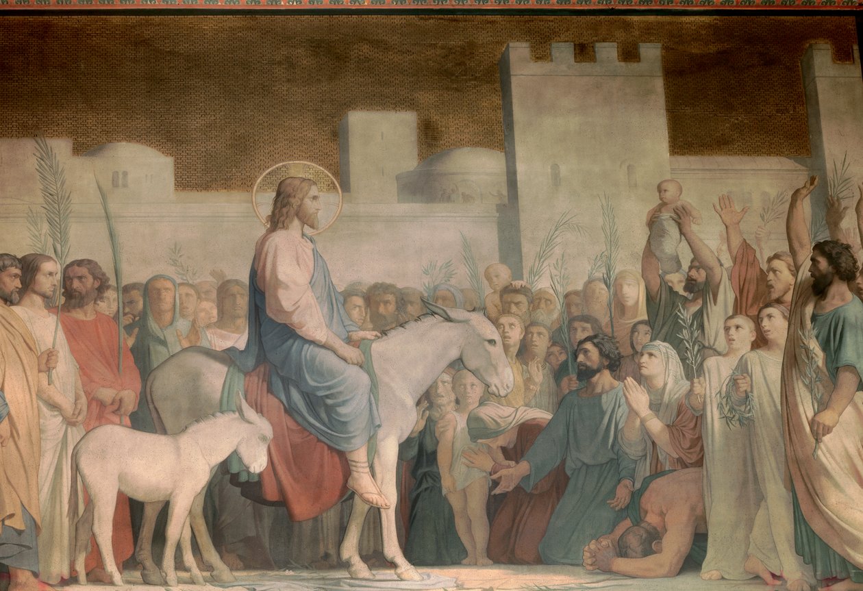 Kristi inngang til Jerusalem på palmesøndag: innbyggerne hilser ham med glede ved å spre klærne sine på gulvet og bære olivengrener. Detalj av en freske av Hypolithe Flandrin (1809-1864) Saint Germain des Pres-kirken fra 1800-tallet, Paris av Hippolyte Flandrin