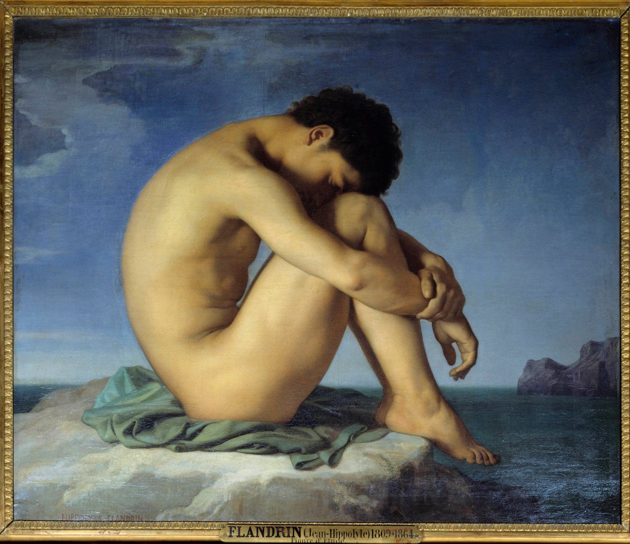 Ung, naken mann som sitter ved havet Tenker i tilbaketrekningsposisjon (introspeksjon). Maleri av Hippolyte Flandrin (1809-1864) 1836. Olje på lerret. Sol. 0,98x1,24 m - Ung naken mann som sitter på kanten av havet. Tenker i foster, slumrende stilling som  av Hippolyte Flandrin