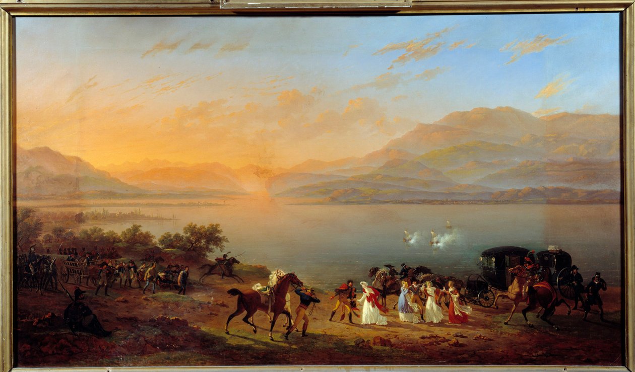 Angrep av Josephine de Beauharnais bil, Madam Bonaparte, ved bredden av Gardasjøen, av østerrikske båter, 30. juli av Hippolyte Lecomte