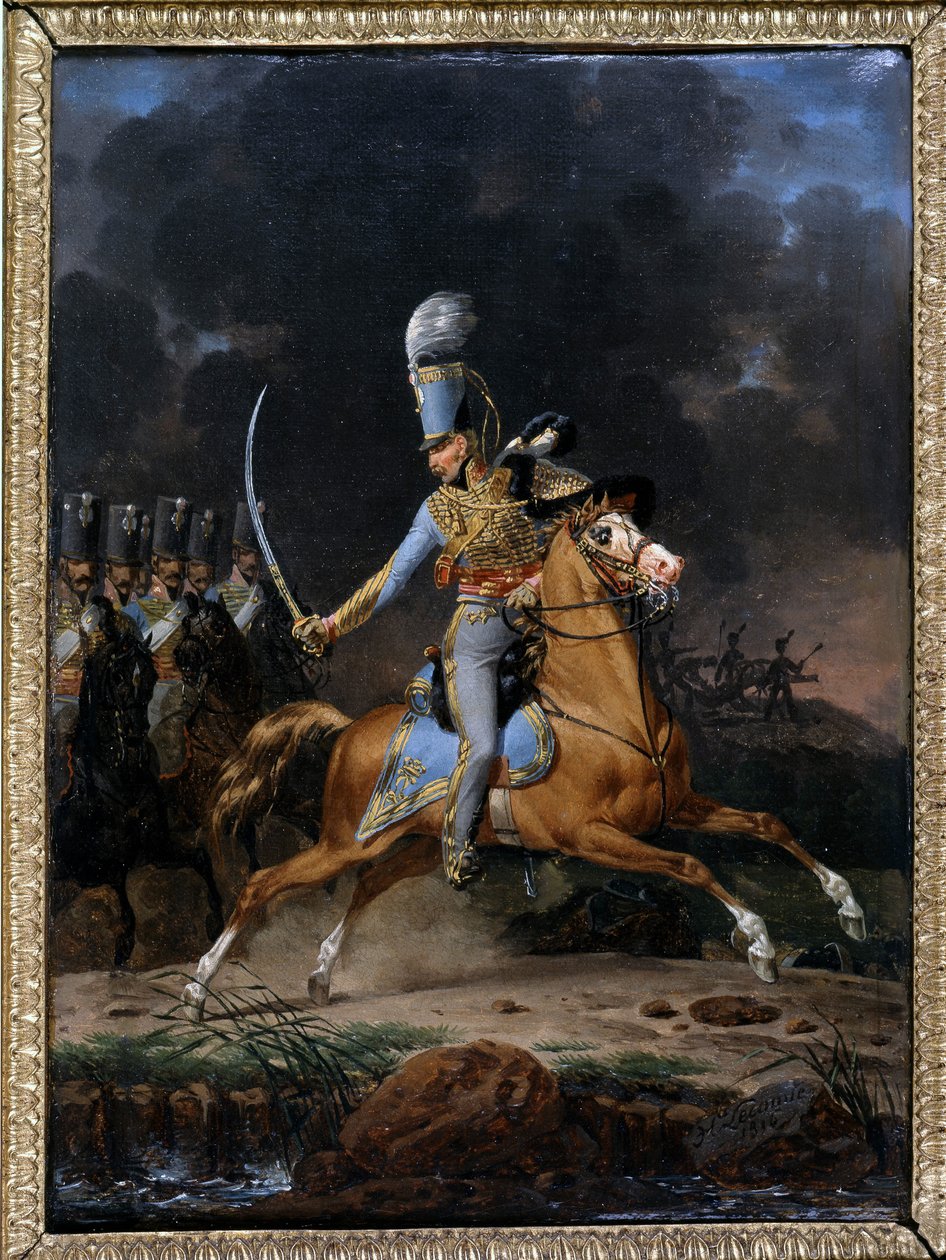 Oberst de Hussard ca 1815 - 1816. Maleri av Lecomte datert 1816. Samling "" The Soldiers of Yesteryear"". Paris av Hippolyte Lecomte