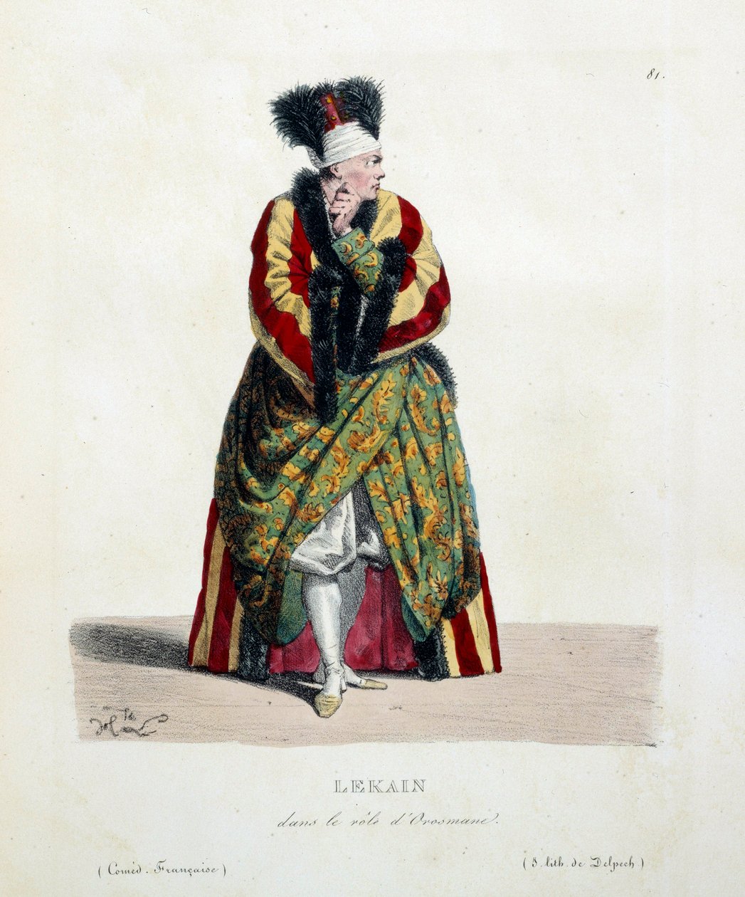 Den franske skuespilleren Henri Louis Cain kalte Lekain eller Le Kain (1729-1778) i rollen som Orosmane i Voltaires skuespill Zaire (1694-1746) ved den franske komedie. Litografi av Hippolyte Lecomte (1781-1857) privatsamling fra 1800-tallet av Hippolyte Lecomte
