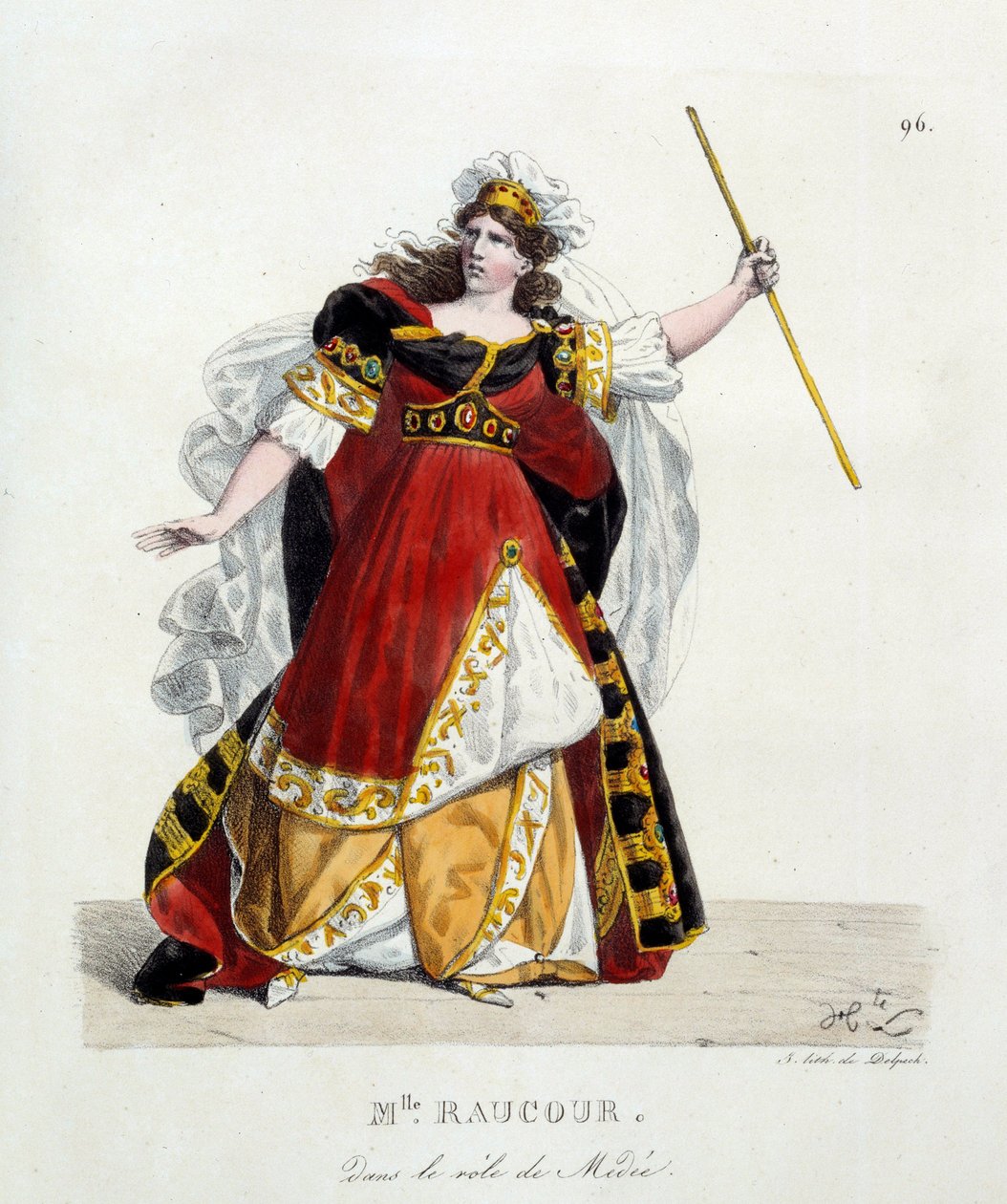 Den franske skuespillerinnen Mademoiselle Raucourt (død 1815) i rollen som Medee i Comedie Francaise; Litografi av Hippolyte Lecomte (1781–1857) av Hippolyte Lecomte