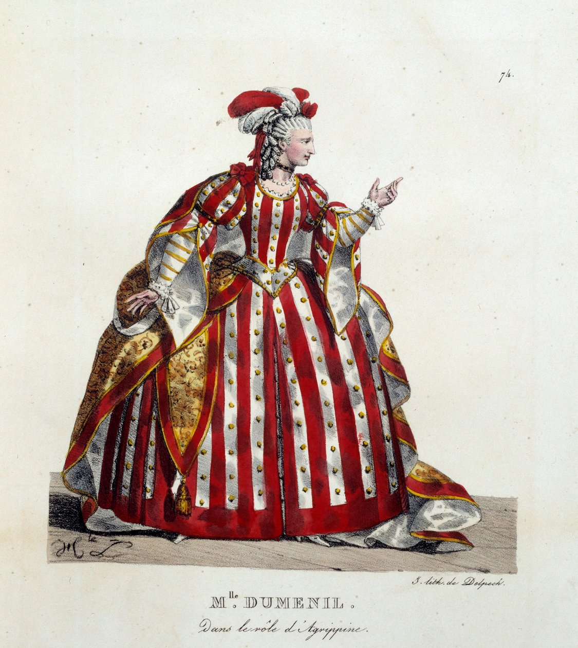 Den franske skuespillerinnen Marie Francoise Marchand kalte Mademoiselle Dumesnil (1713-1803) i rollen som Agrippine i stykket "Britannicus" av Jean Racine (1639-1699) i den franske komedien. Litografi av Hippolyte lecomte (1781-1857). Privat sam av Hippolyte Lecomte