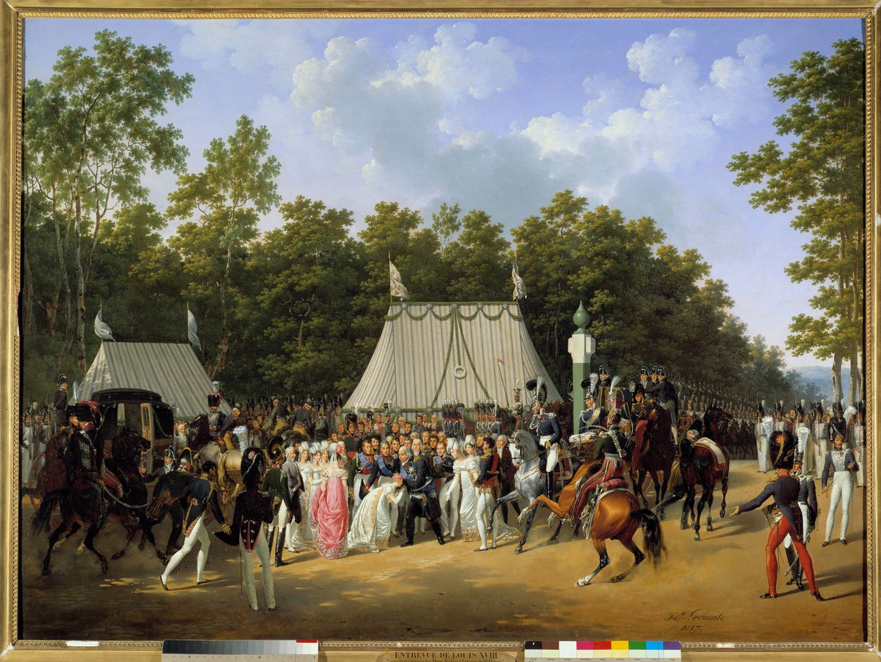 Kong Louis XVIII (1755-1824) tar imot Marie Caroline Fernande Louise av Napoli, fremtidig hertuginne av Berry, i skogen Fontainebleau, ved korset av Saint-Herem av Hippolyte Lecomte