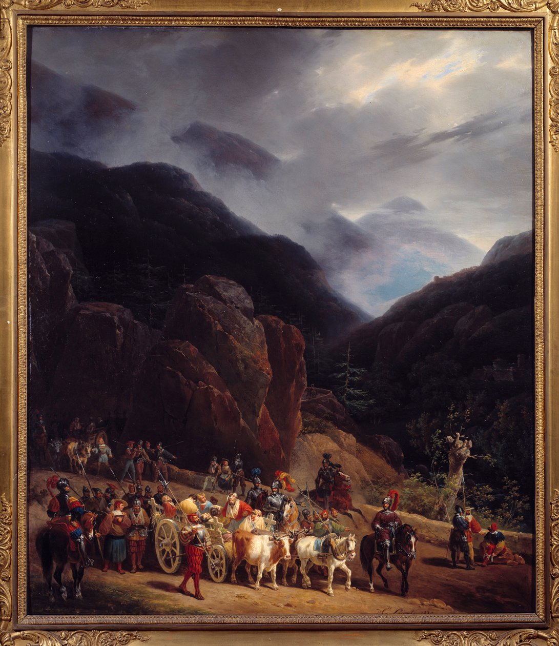 Tilbakekomsten av slaget ved Marignan Armees av Francois I som returnerte fra Marignan (Maregnano) 14.09.1515. Maleri av Hippolyte Lecomte (1781-1857) 1829 Søn. 0,54x0,65 m Bourg En Bresse. Brou Museum av Hippolyte Lecomte
