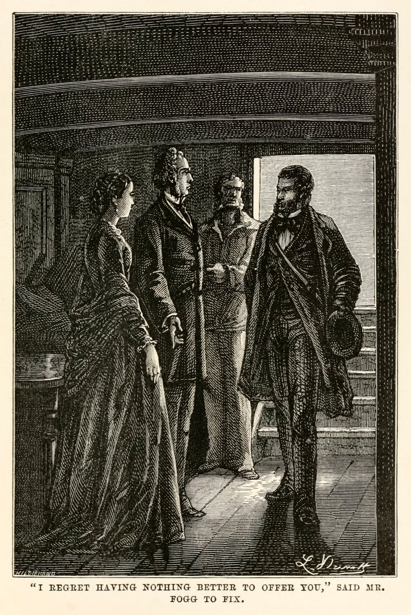 '"Jeg angrer på at jeg ikke har noe bedre å tilby deg", sa Mr Fogg to Fix', fra 'Around the World in Eighty Days' av Jules Verne (1828-1905) gravert av Henri-Théophile Hildebrand (1824-97) av Hippolyte Leon (after) Benett